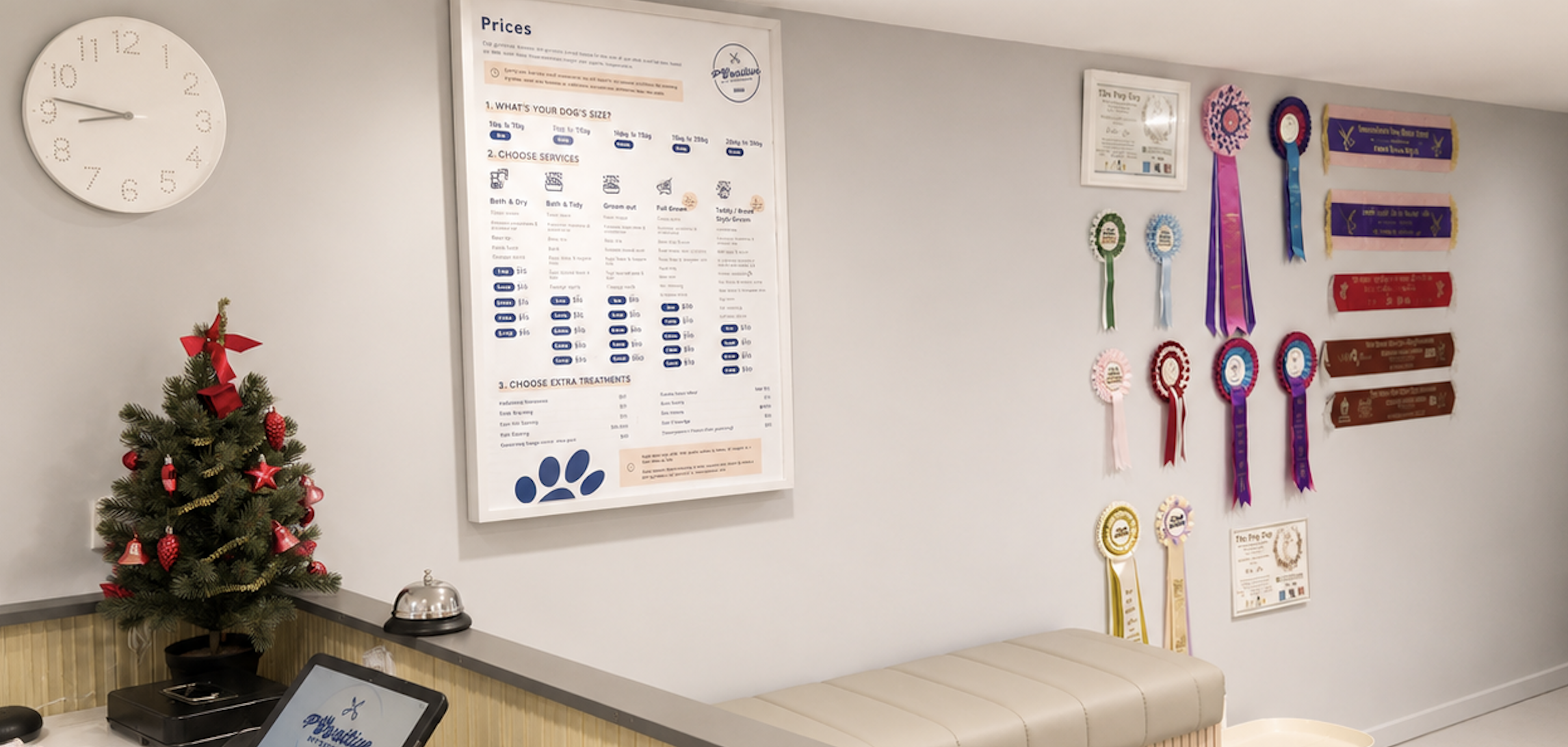 Grooming award ribbons on the salon wall