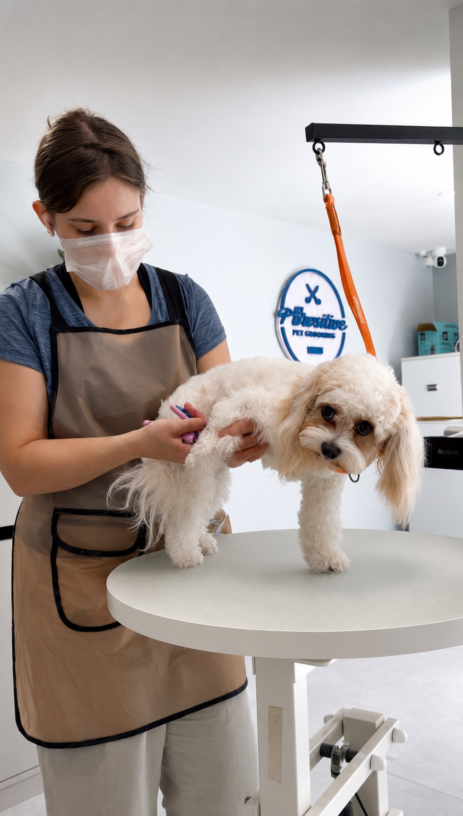A Pawsitive groomer trimming a small white dog in the salon