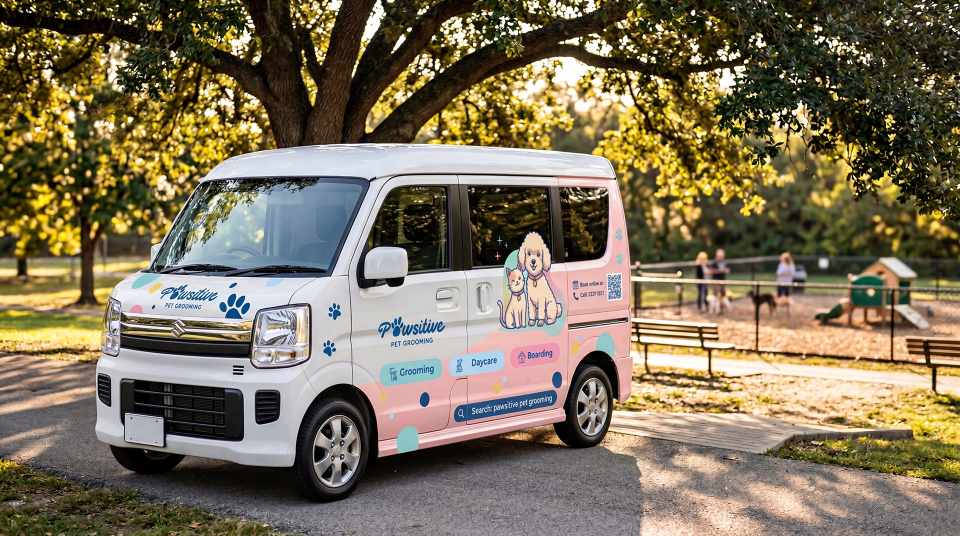 The Pawsitive Pet Grooming pick-up van parked in a park
